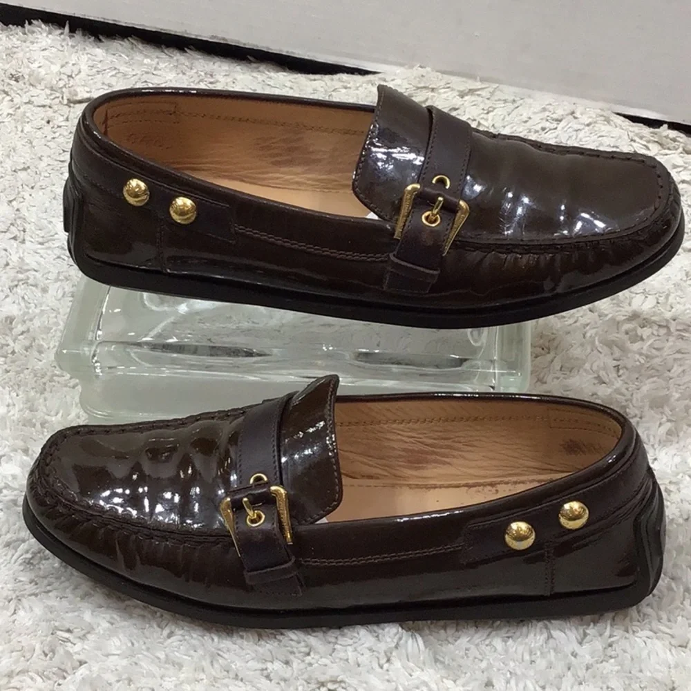 Louis Vuitton Dark Brown patent leather moccasin Loafers with Gold Buckles 37
